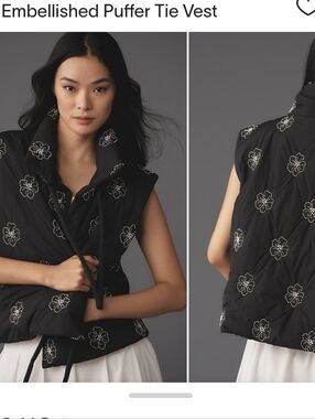 Anthropologie Embellished Black Puffer Tie Vest
